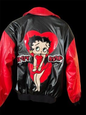 Betty Boop Vintage  Bomber Jacket Black Red Faux Leather Y2K Streetwear LG